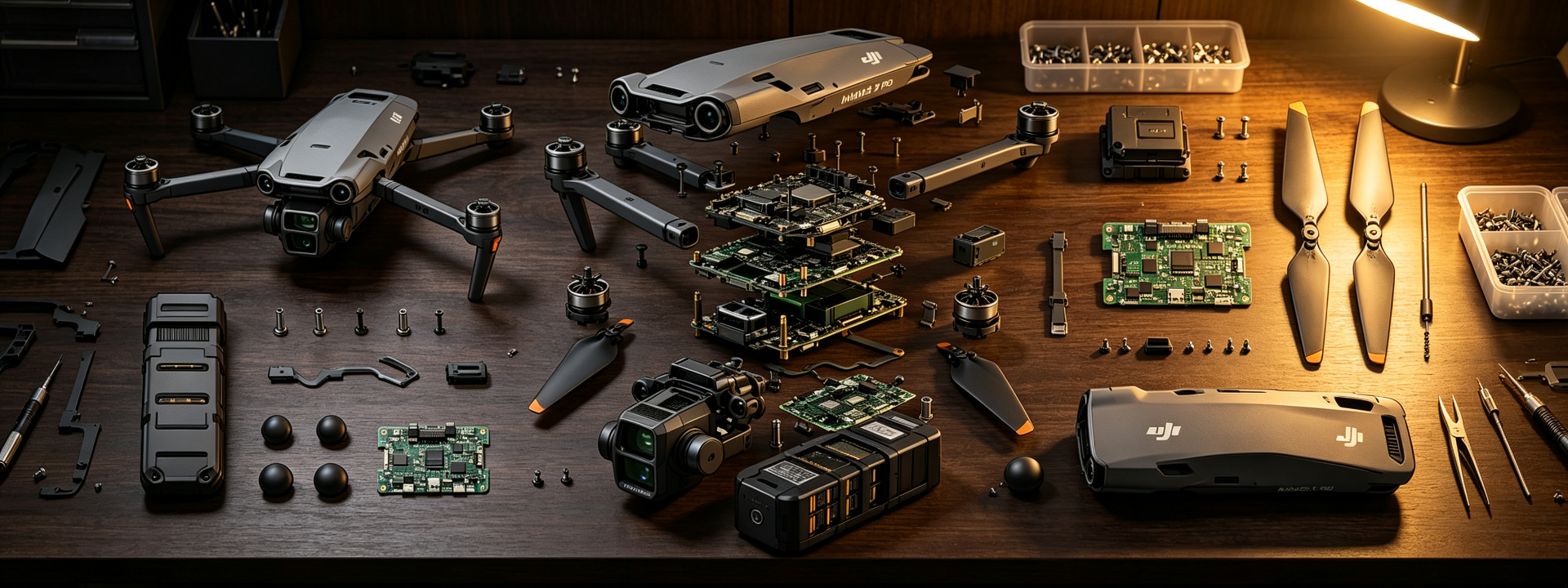 DJI Mavic 3 Pro disassembled on a repair workbench with spare parts