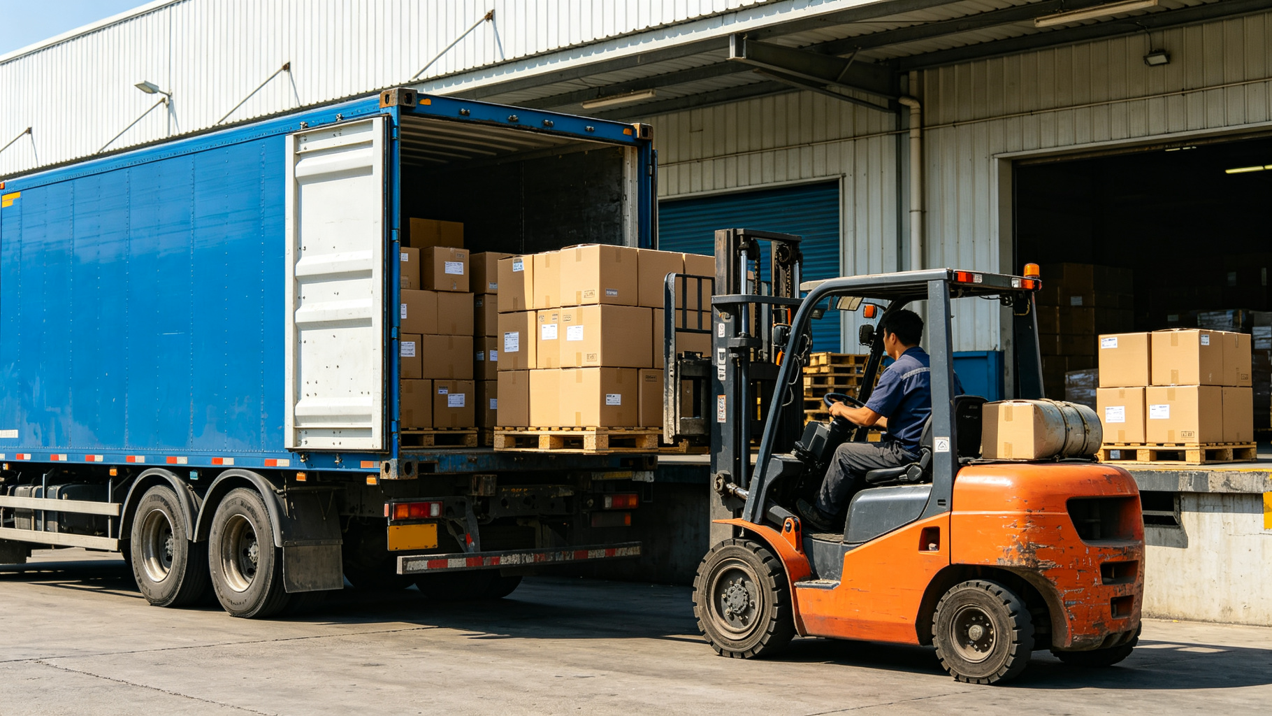 Forklift loading drone parts for export