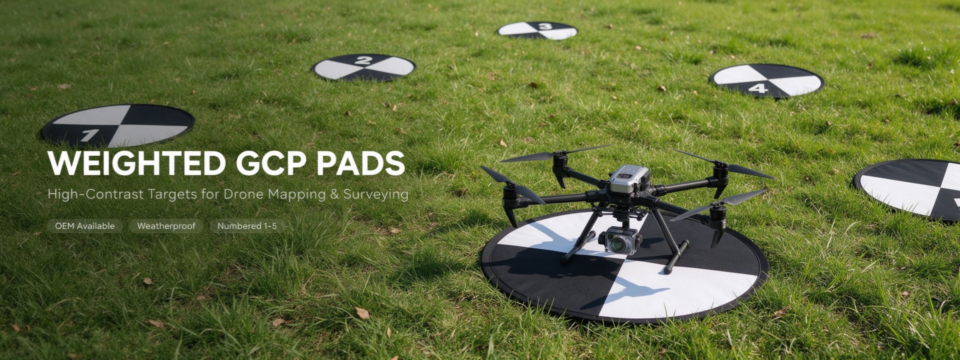 Numbered weighted GCP landing pads laid out on grass with a drone landing on pad 3